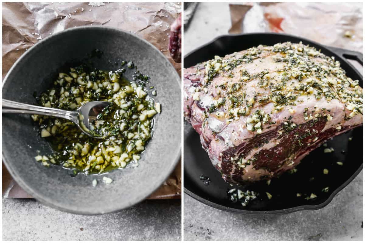 Two images showing a homemade herb rub with garlic, olive oil, rosemary, thyme, and salt and pepper, then after it's rubbed all over a prime rib roast.