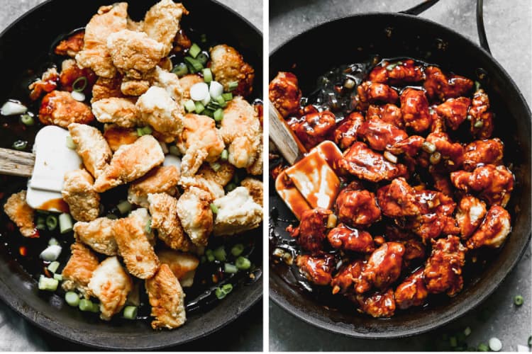 Pan-fried breaded chicken next to another photo of the chicken coated in sauce for General Tso's.