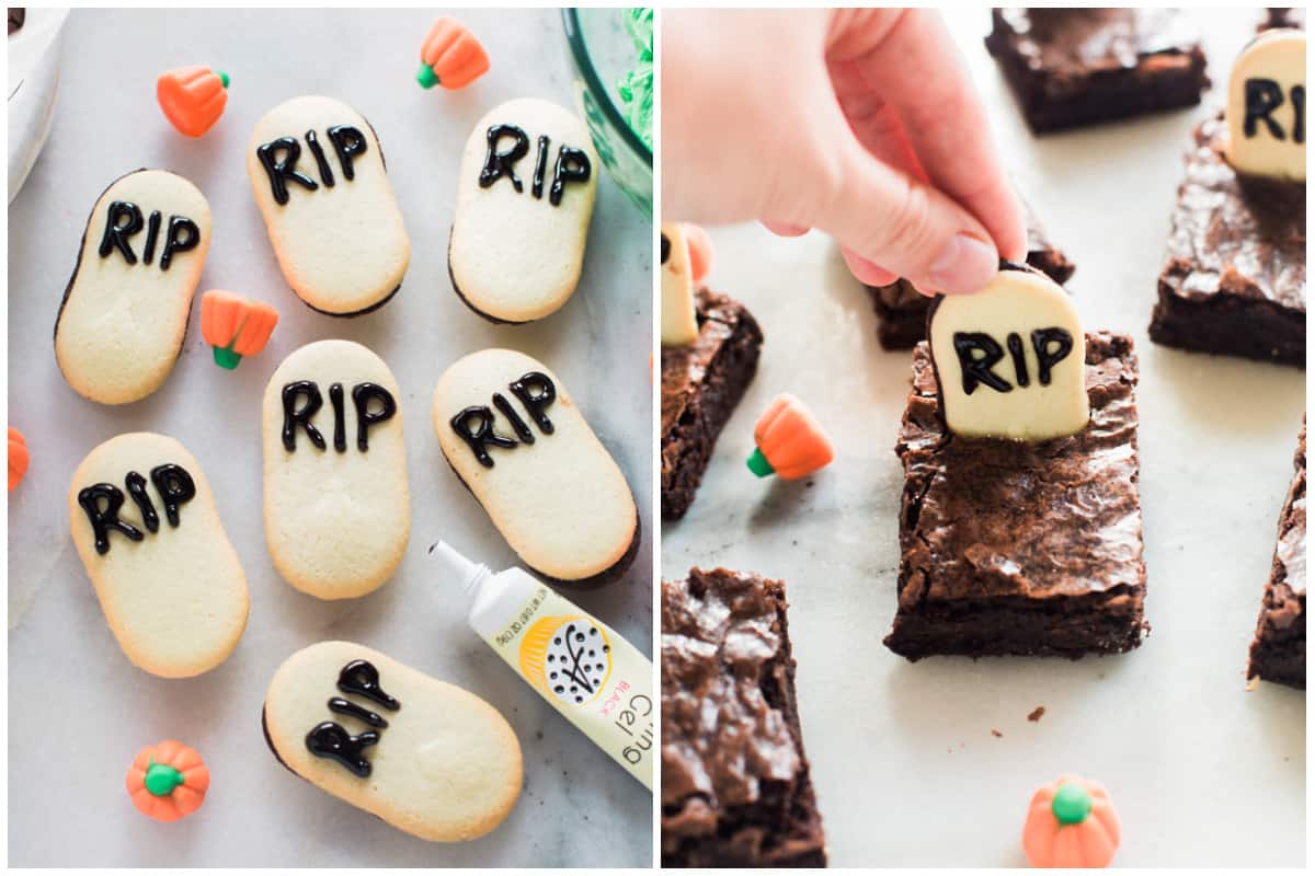 Two images showing oval milano cookies with RIP letters on them, then after they are pushed into a cookie to make a Halloween Brownie.