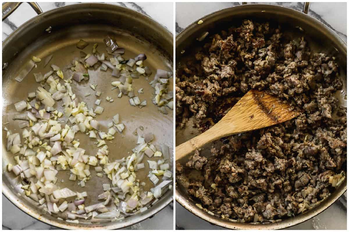 Two images showing a chopped shallot being sautéed in olive oil, then after ground sausage is browned and cooked with it.