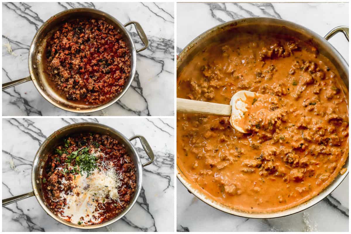 Three images showing the process of making a creamy Harissa Pasta sauce.
