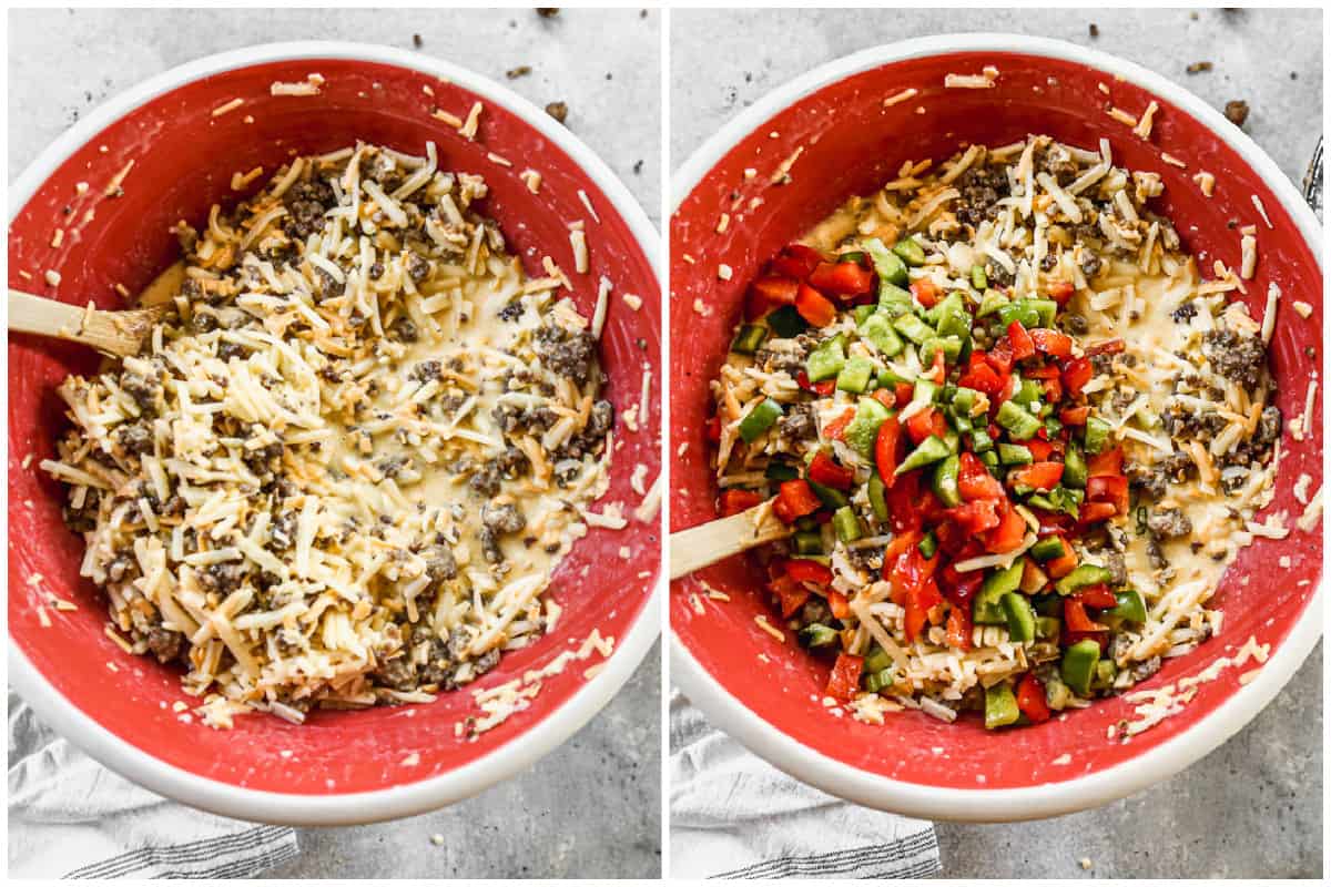 Two images with the eggs, cheese, and sausage for an easy Hashbrown Casserole recipe in a red mixing bowl, then chopped red and green bell peppers added.