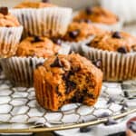 Healthy Pumpkin Chocolate Chip Muffins on a platter with a bite taken out of the front one.