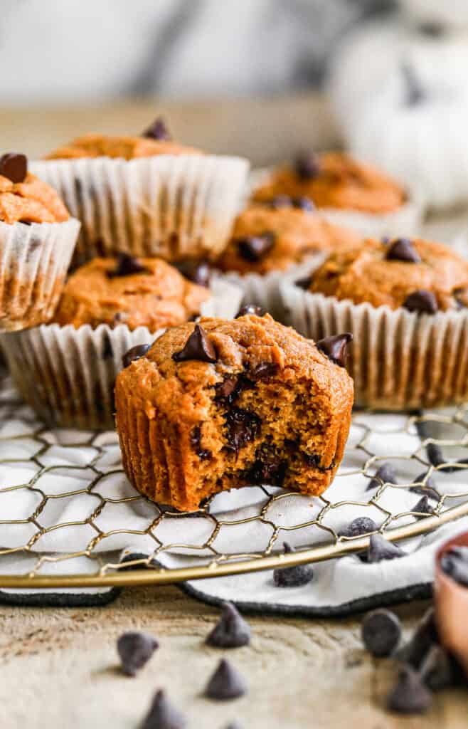 Healthy Pumpkin Chocolate Chip Muffins on a platter with a bite taken out of the front one.