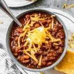 This easy homemade chili is literally restaurant quality with excellent flavor! Enjoy it over waffles, nachos, or with a side of cornbread. It has won several chili cook-off awards!