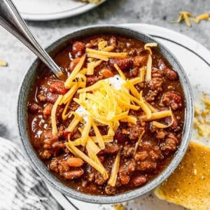 This easy homemade chili is literally restaurant quality with excellent flavor! Enjoy it over waffles, nachos, or with a side of cornbread. It has won several chili cook-off awards!