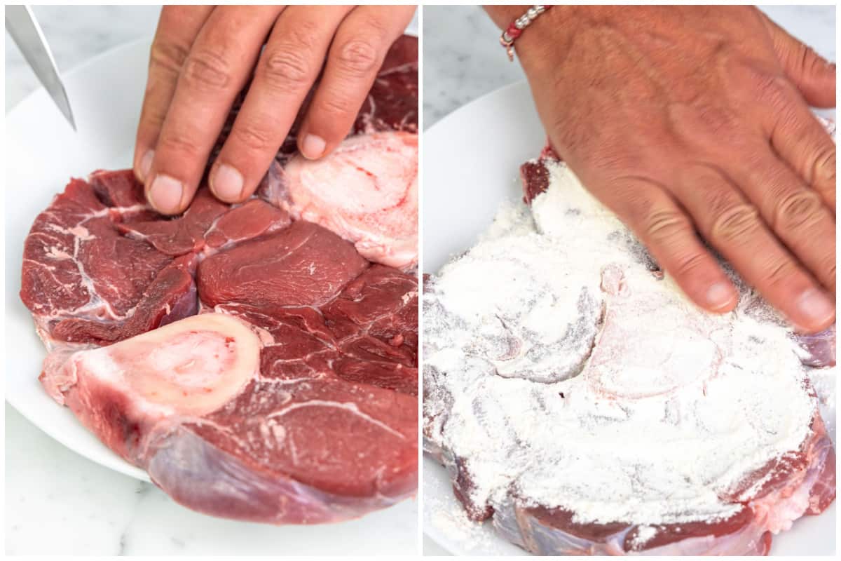 Two images showing veal shanks being scored on the end and patted with flour for homemade Osso Buco.