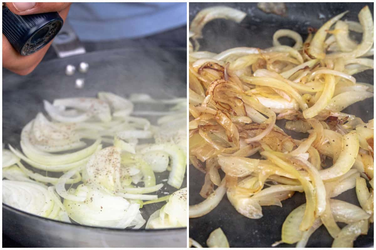 Two images showing how to carmelize onions in a nonstick skillet.