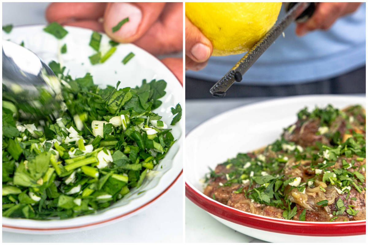 Two images showing how to make gremolata and then after it's added to lamb shanks and fresh lemon zest being added.