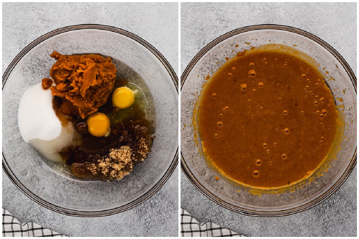 Two images showing granulated sugar, brown sugar, eggs, pumpkin purée, oil, and vanilla in a bowl before and after it's combined.