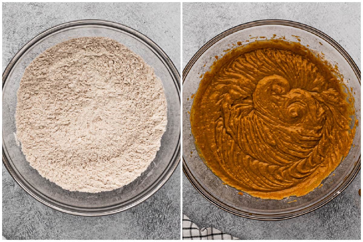 Flour, baking soda, baking powder, and fall spices mixed in a glass bowl, then after it's added to wet ingredients to make a pumpkin cupcake batter.