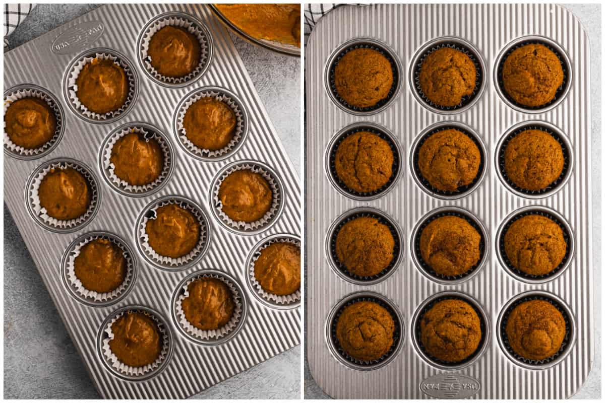 Two images showing easy Pumpkin Cupcakes before and after they are baked.