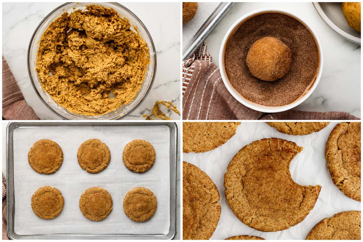 Four process photos showing making pumpkin snickerdoodle cookie dough, rolling in sugar, and baking the cookies.