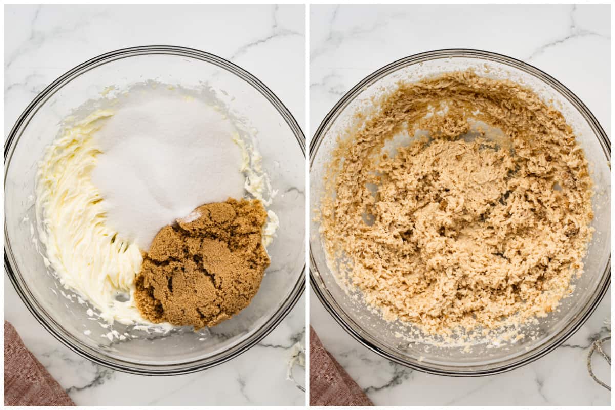 Two images showing granulated sugar and brown sugar in a bowl with creamed butter, then all of those ingredients incorporated.