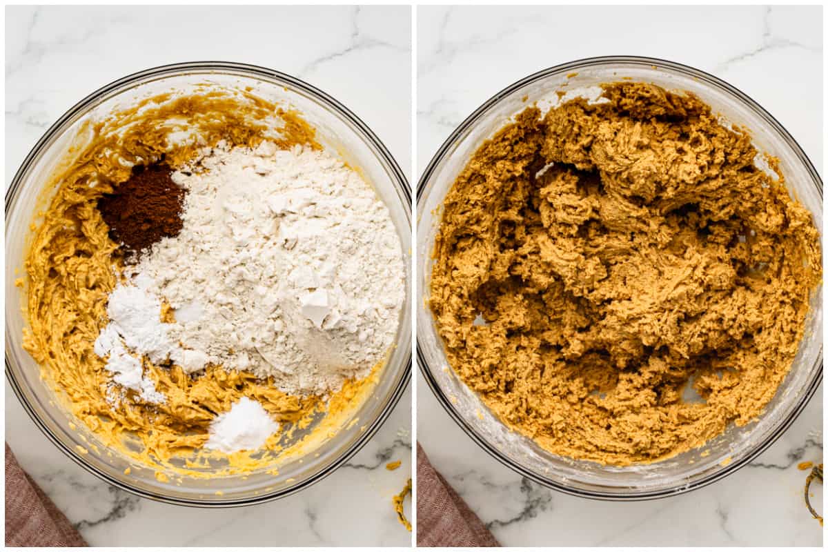 Two images showing a Pumpkin Snickerdoodle recipe before and after the dry ingredients are added.