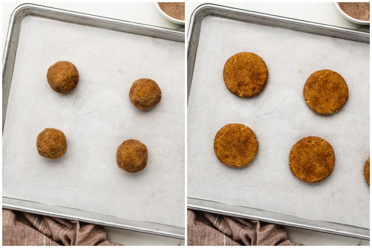 Two images showing Pumpkin Snickerdoodle cookie balls on a baking sheet, then after they are slightly pressed.
