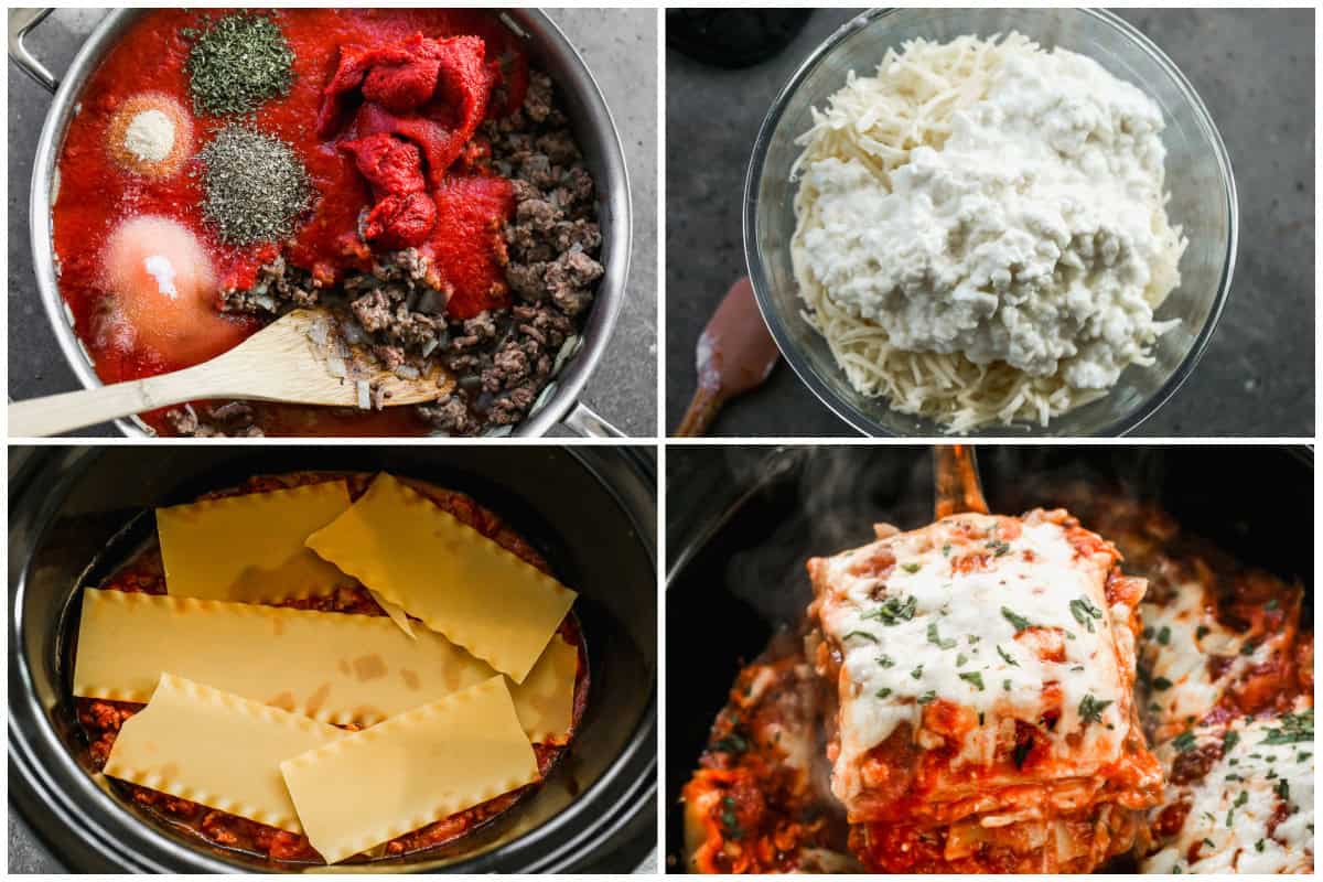Make Slow Cooker Lasagna by layering uncooked lasagna noodles, sauce and cheese in a crockpot.  The easiest weeknight dinner!