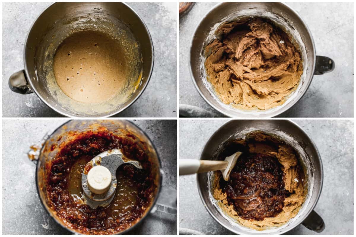 Four images showing how to make batter for the best Sticky Toffee Pudding recipe.