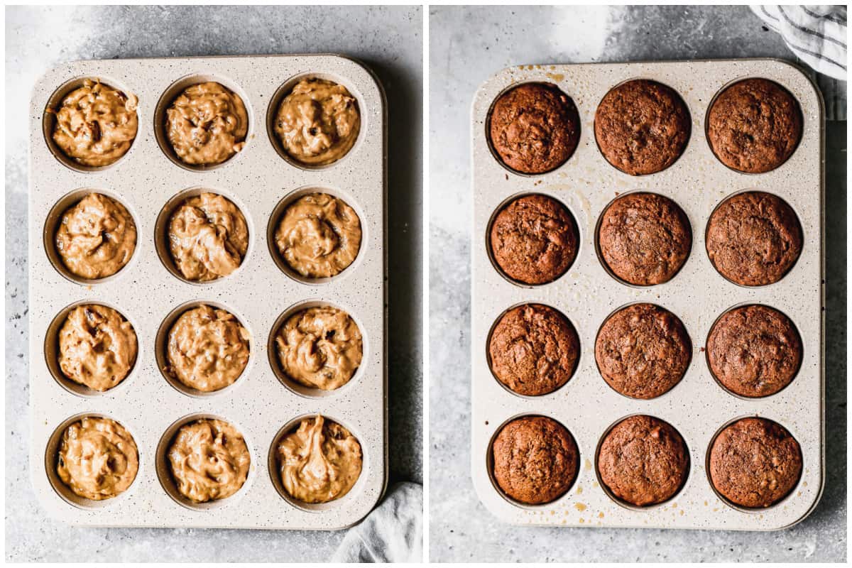 Two muffin tins filled with easy Sticky Toffee Pudding batter before and after it's baked.