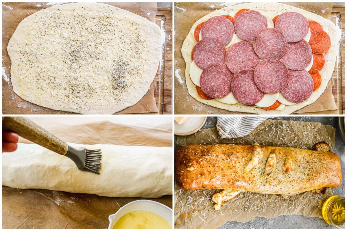 Learn how to make Stromboli by rolling pizza dough into a rectangle and layering meat and cheese then rolling it up and baking until golden and cheesy.