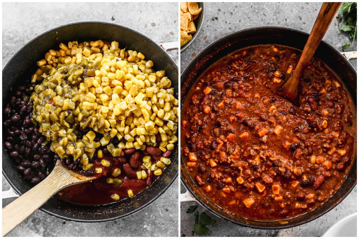Two images showing all of the ingredients for the best Taco Soup recipe before and after it's stirred together in the pot.