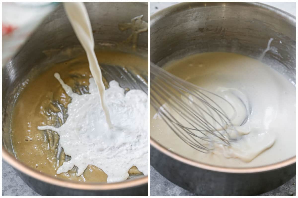 Two images showing milk being added to a roux, then after it's mixed in.
