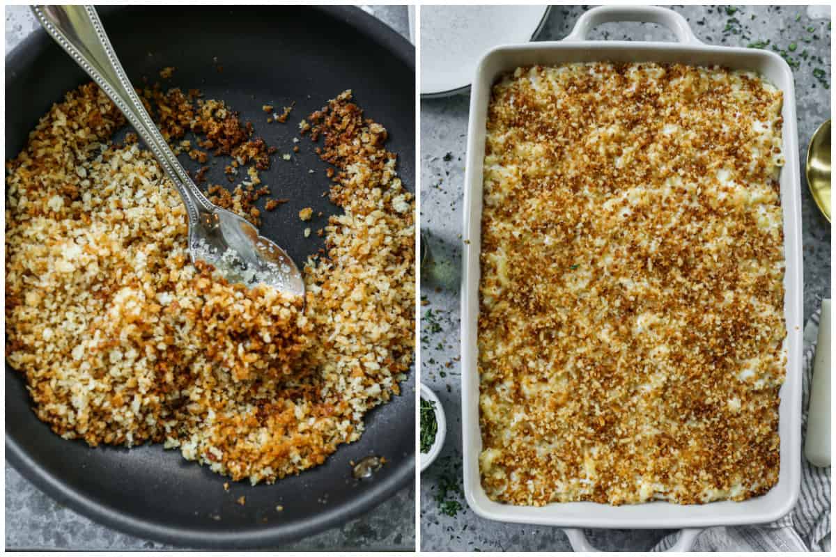 Two images showing toasting breadcrumbs in a pan on the stove, then after a homemade truffle mac and cheese with breadcrumbs comes out of the oven.