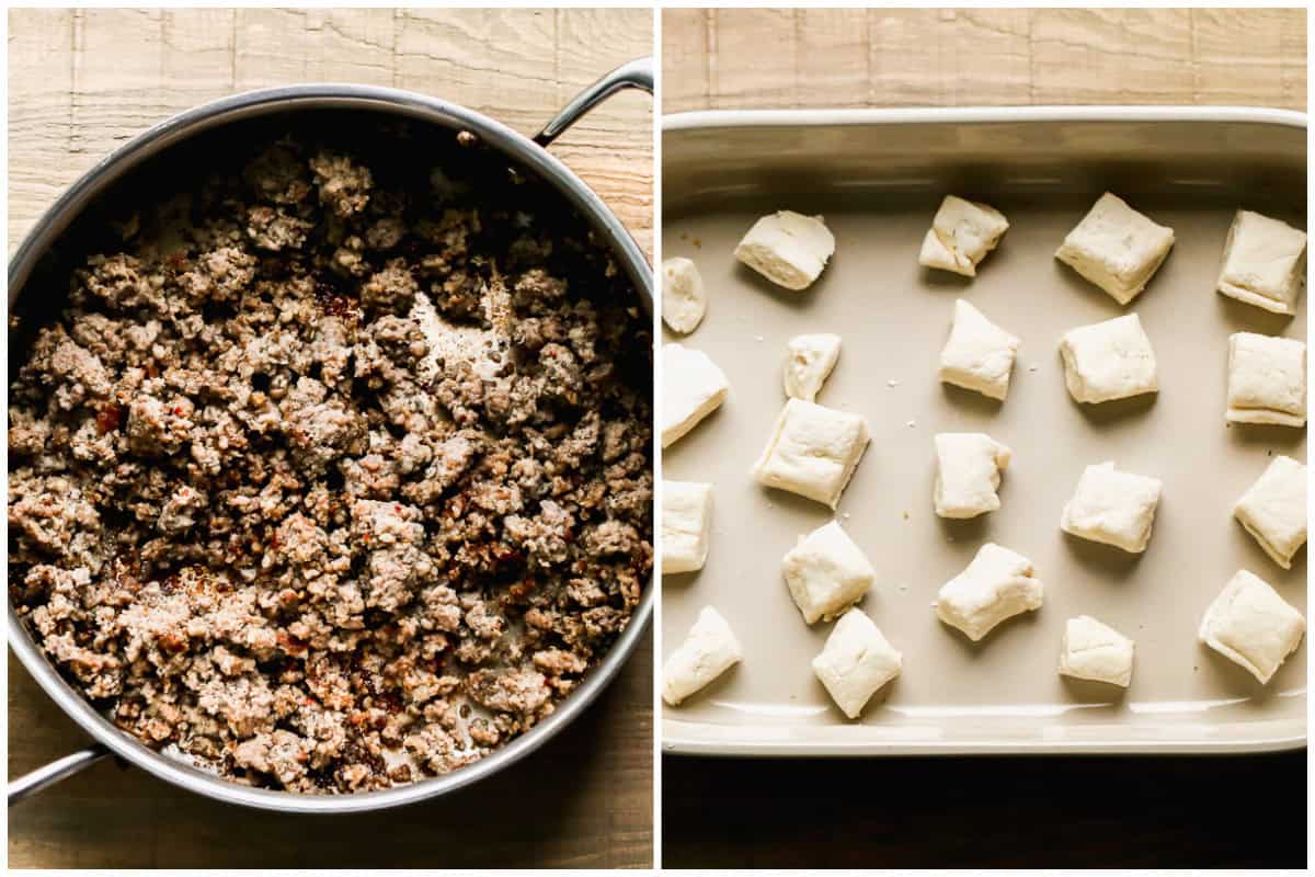 Two images showing cooked ground sausage in a pan, then a baking dish with chunks of homemade biscuit dough for a breakfast casserole made with biscuits.