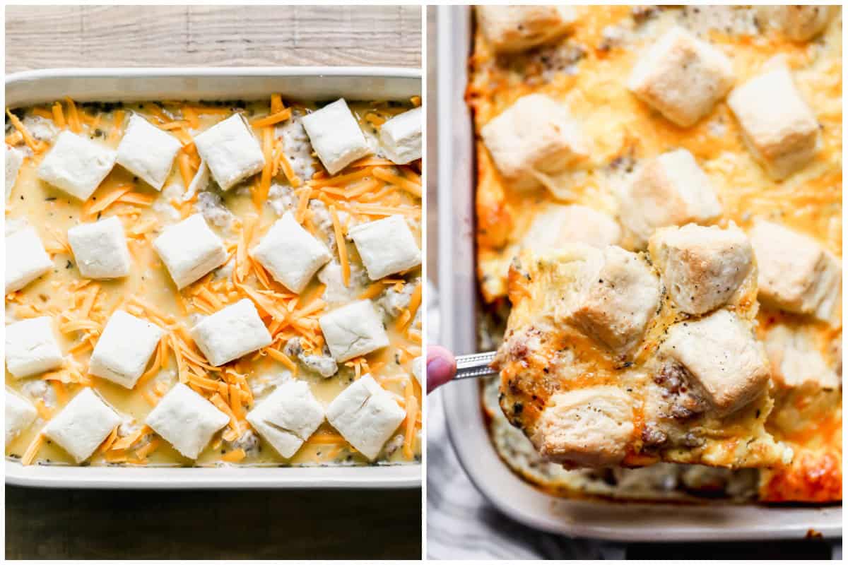 Two images showing a sausage gravy casserole with eggs, cheese, and sausage gravy, all topped with homemade biscuits before and after baking.
