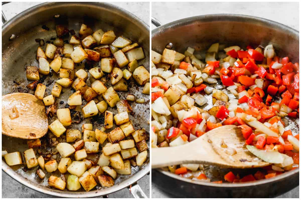 Two images showing diced potatoes cooked in a stainless steel pan, then after chopped peppers and onions are added to make a homemade breakfast skillet.