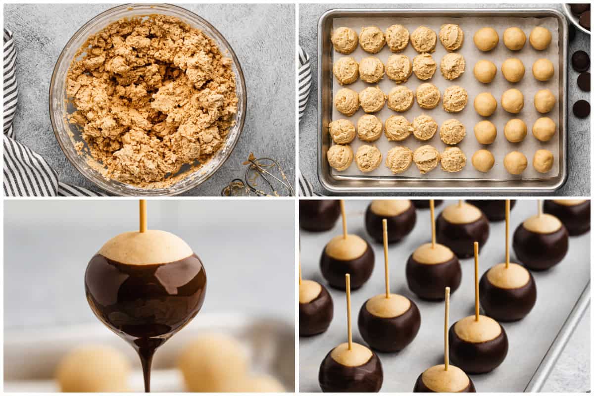 Learn how to make buckeyes by mixing a delicious no-bake peanut butter base, forming into balls, and dipping into chocolate. They are delicious and have the perfect balance of peanut butter and chocolate!