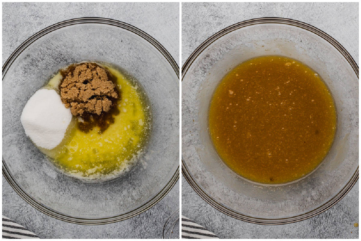 Two images showing granulated sugar and brown sugar in a bowl with melted butter, then after it's mixed together.