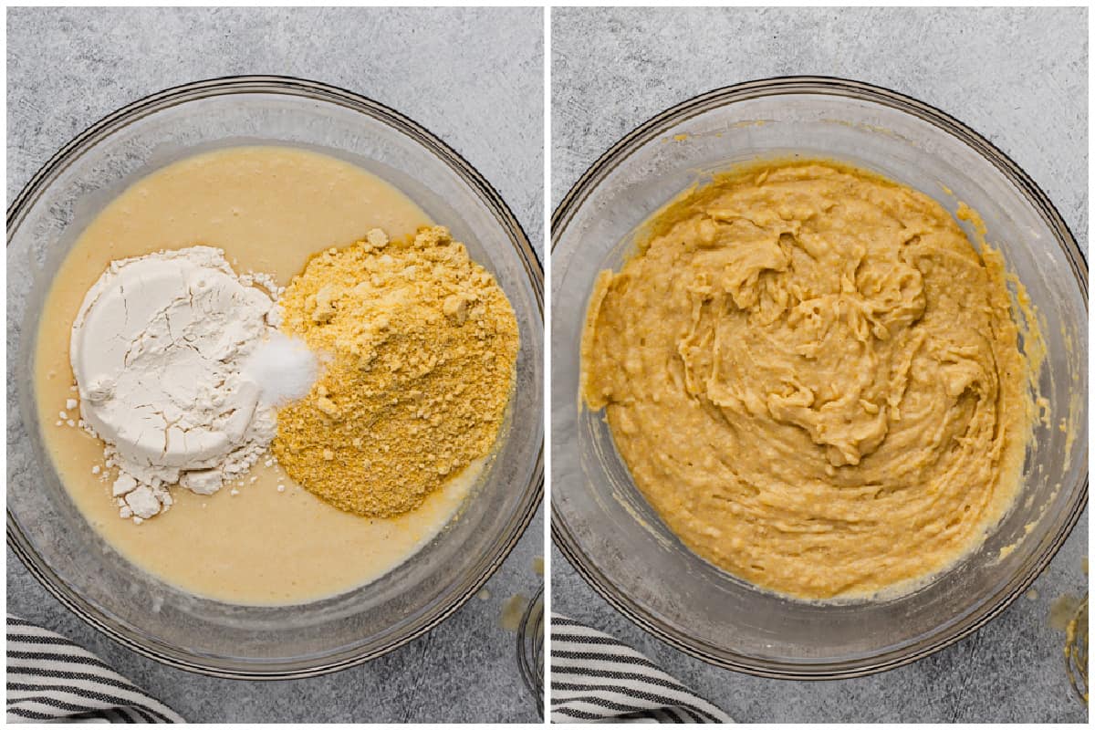 Cornmeal and flour before and after it's incorporated into a southern cornbread recipe.