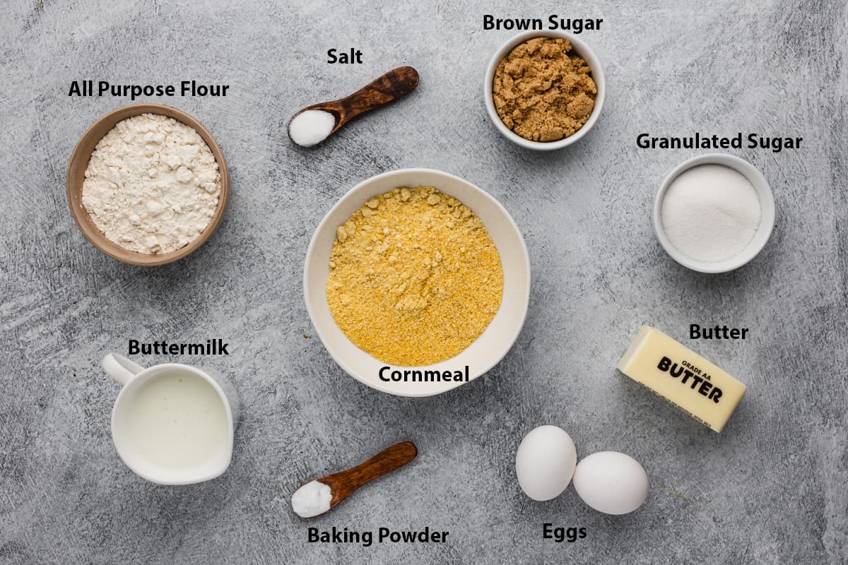 All of the ingredients needed to make the best buttermilk cornbread recipe.