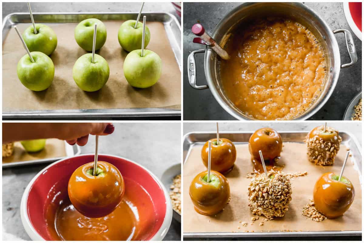 This easy Caramel Apple recipe has granny smith apples dipped in a buttery homemade caramel and topped with nuts, candy, or enjoyed plain.