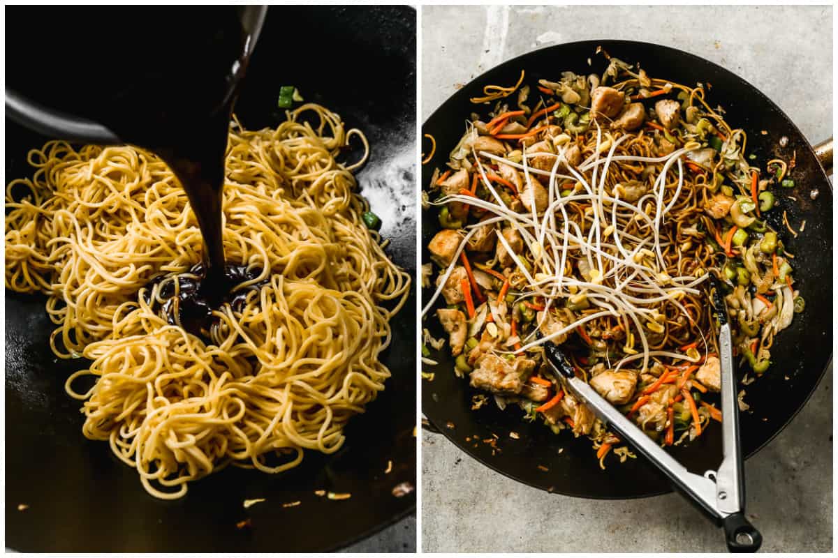 Two images showing a simple sauce being added to yakisoba noodles in a wok, then after chicken, veggies, and bean sprouts are added to make easy Chow Mein.