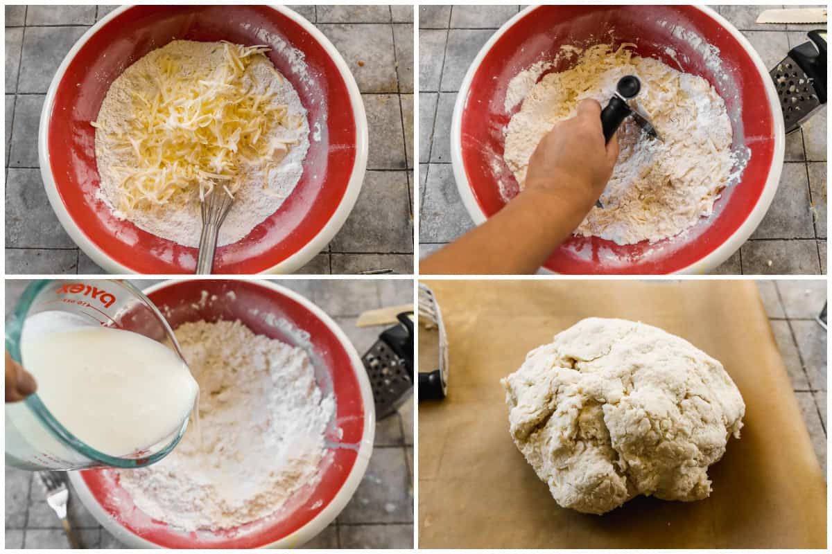 Four images showing how to make a dough for homemade Cinnamon Roll Biscuits.