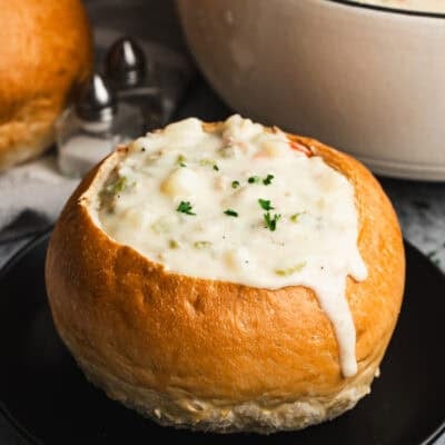 The best Clam Chowder recipe served in a bread bowl, ready to enjoy.