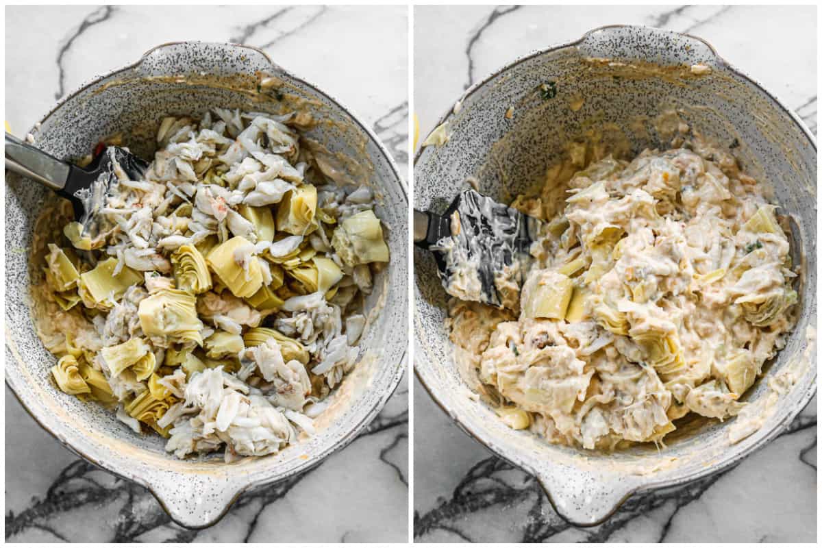 Two images showing artichoke hearts and lump crab dumped on top of a creamy dip, then after it's combined. 