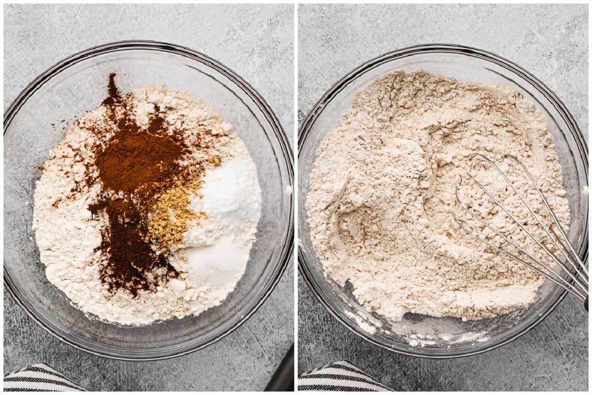 Two images showing flour, baking soda, salt, cinnamon, cloves, and ginger before and after whisking for an easy molasses cookie recipe.