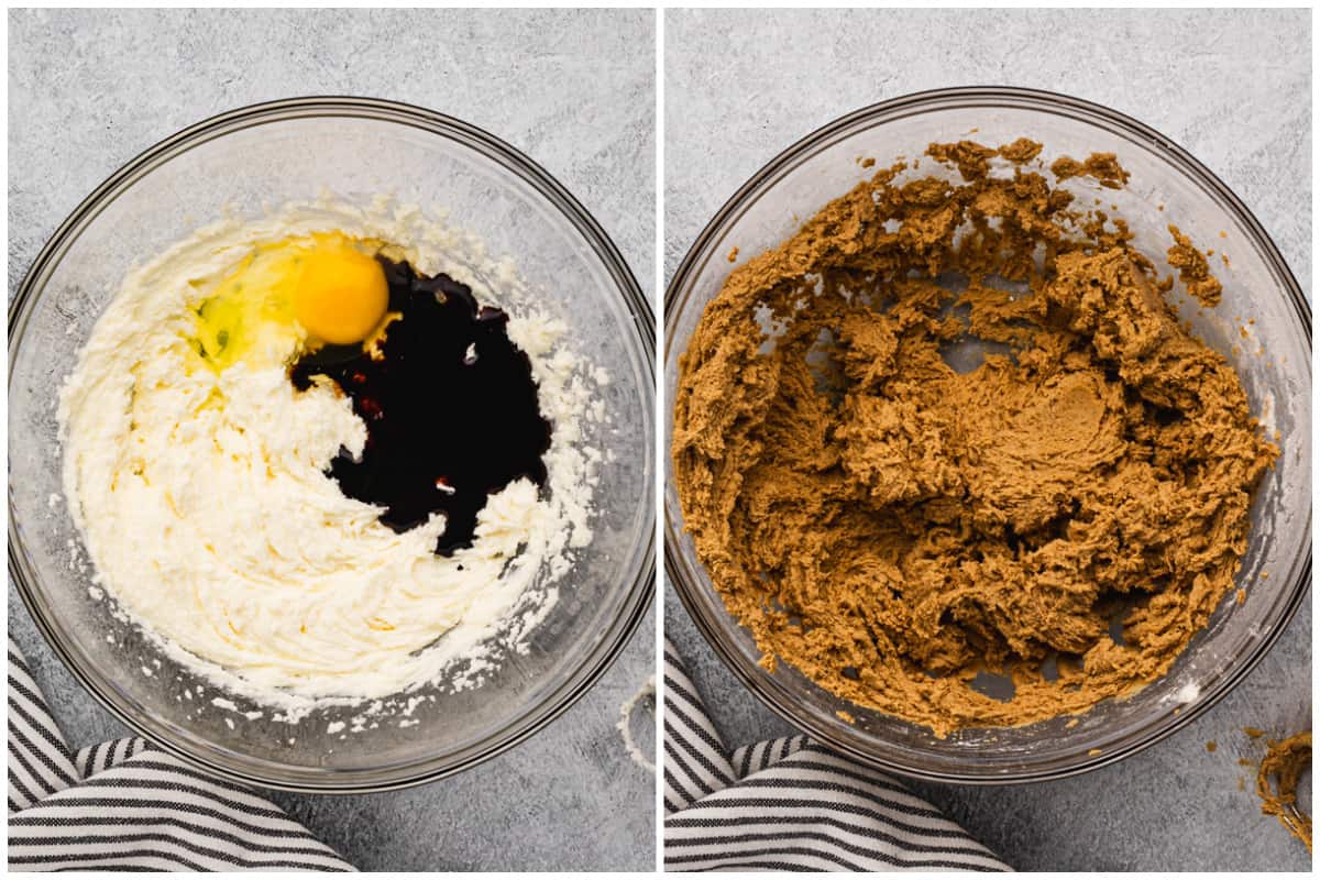 Two images showing molasses and eggs being added to a ginger and molasses cookie batter.