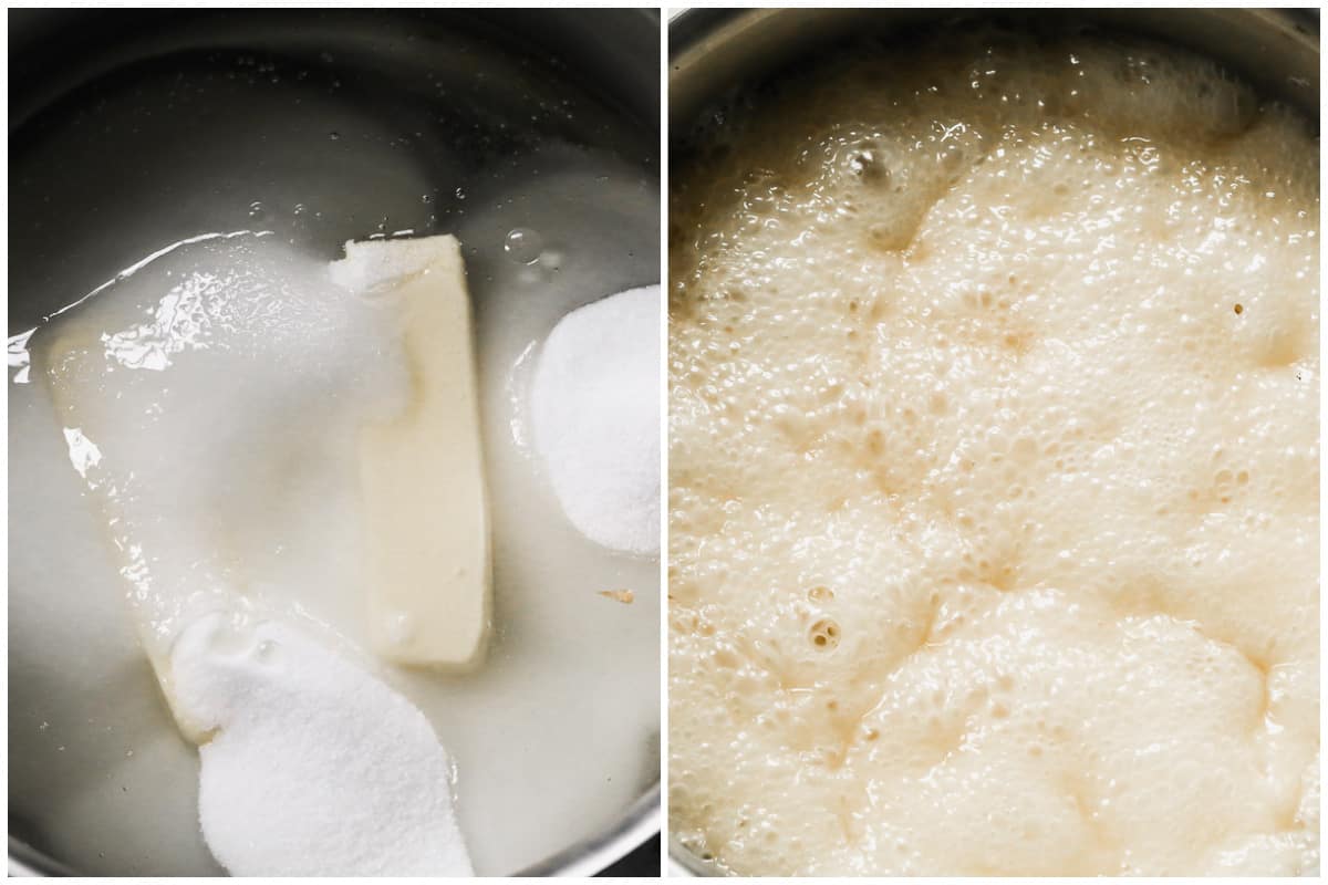 Two images showing butter, sugar, and karo syrup in a pot, then after it comes to a boil.
