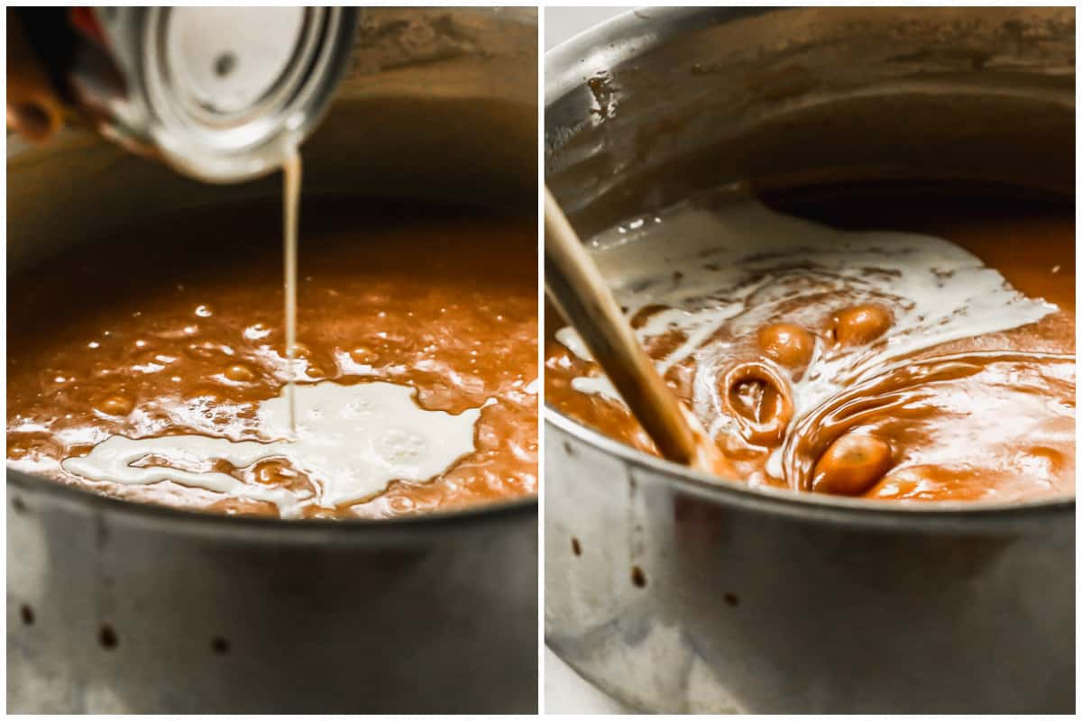 Two images showing evaporated milk being poured in a pot of caramel, then the caramel being stirred.