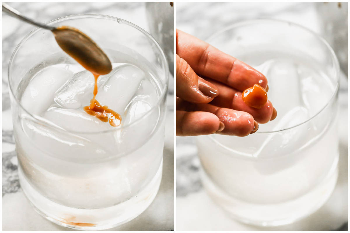 Two images showing caramel being poured into a cup of ice water, and then someone holding the caramel for the ice water test.