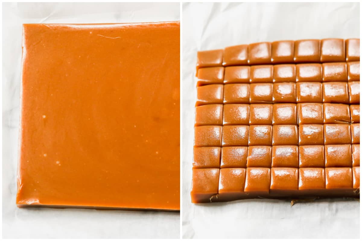 Two images showing cooled caramel being cut into small squares to wrap for candy.