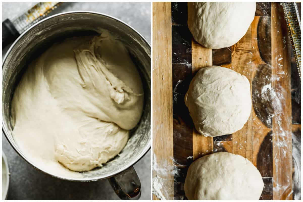 Two images showing homemade bread dough in a stainless steel bowl, then the dough divided into 3 balls on a cutting board.