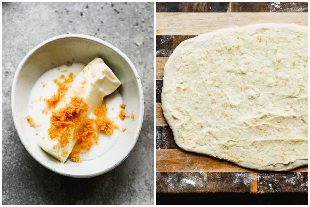 Two images showing butter, sugar, and orange zest in a bowl, then after it's combined and spread on bread dough to make easy Orange Rolls.