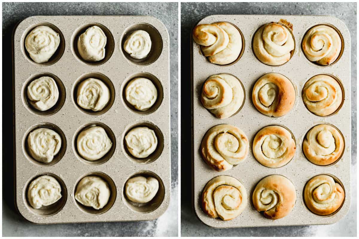 Two images showing homemade Orange Rolls in a muffin tin, before and after they are baked.