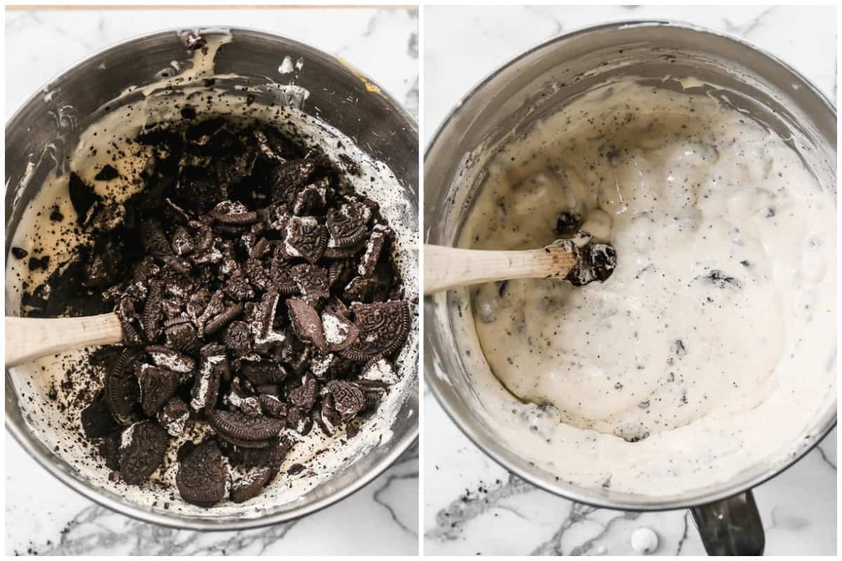 Two images showing the process of making homemade Oreo Cheesecake filling when the crushed Oreos are being added.