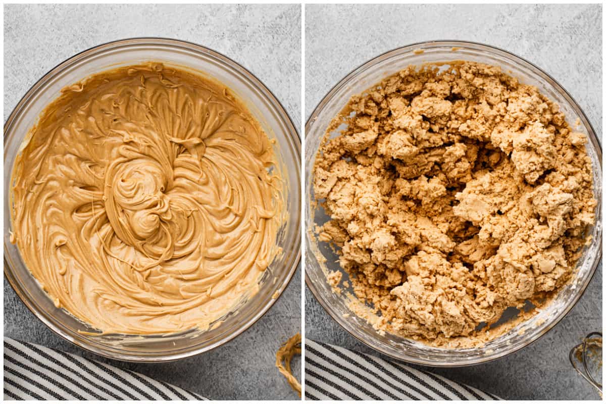 Two images showing peanut butter and butter creamed together then after powdered sugar and vanilla is added to make the best Buckeye recipe.